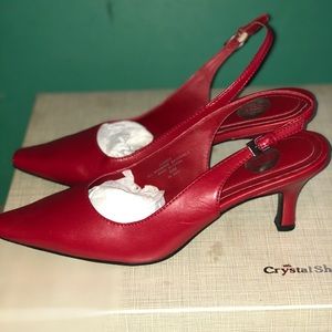 Red sling back heels